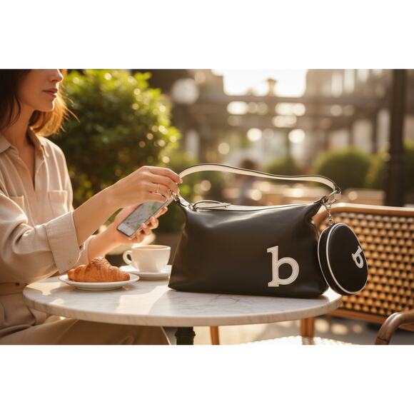 Strada Black & White Vinyl Shoulder Bag w/ Mini Pouch NWT Organizer - Picture 2 of 11